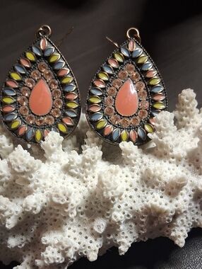 Vintage Coral Teardrop Earrings with Blue, Yellow & Pink Accents - Vintage